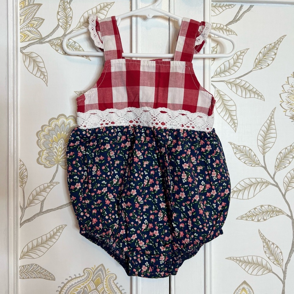 Red and Navy Floral Kids Romper